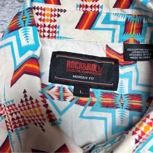 Rock and Roll Denim Shirt Mens Large Aztec Snap Button Up Modern Fit Werstern - Picture 2 of 6